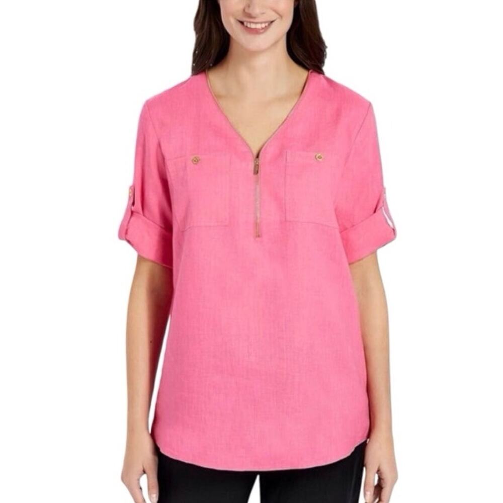 Company Ellen Tracy linen peony pink tunic blouse with gold zipper size small